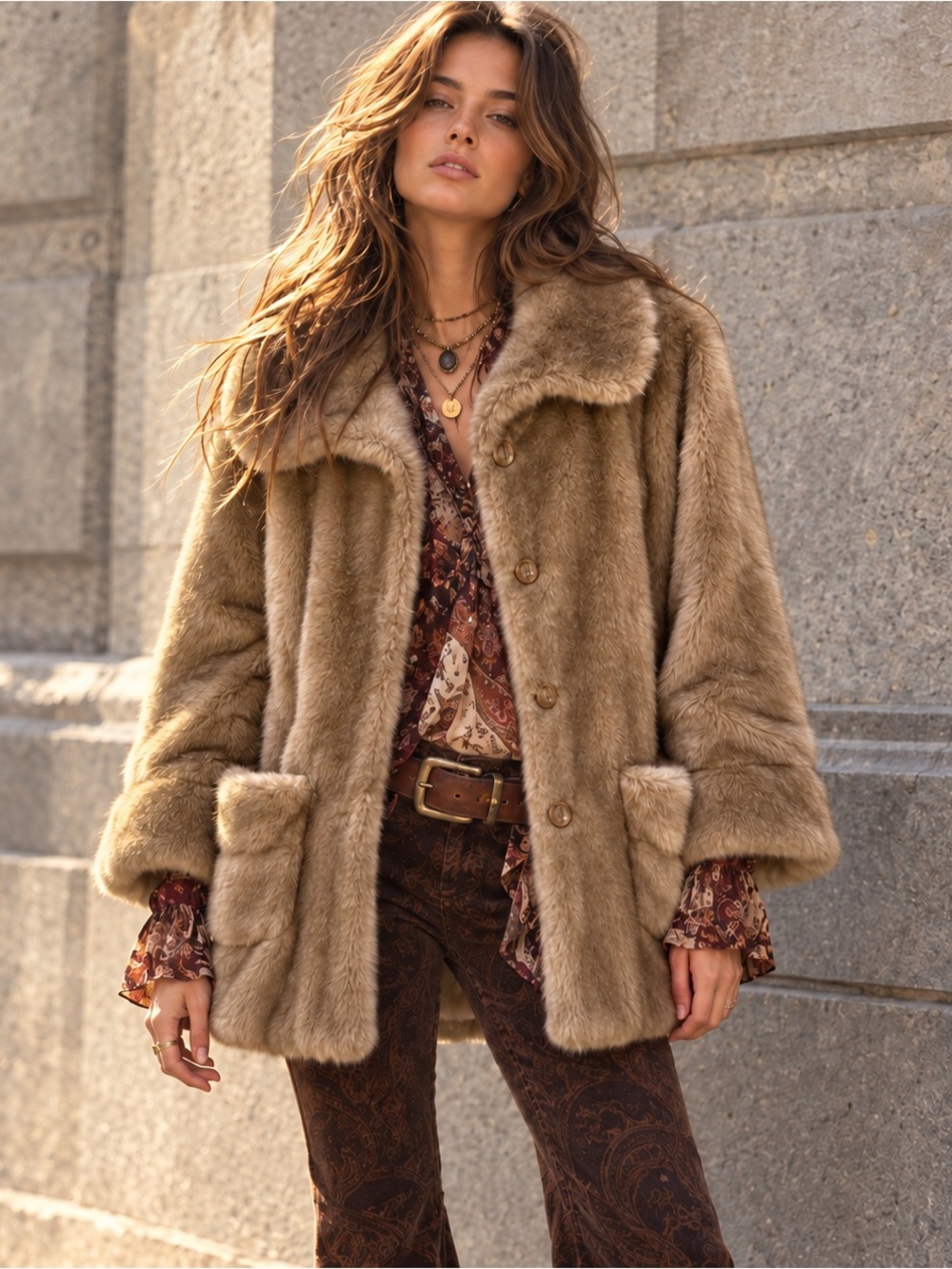 Vintage Mincara Faux Fur Coat Caramel Brown Boho Penny Lane Oversized